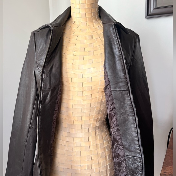 Jones New York Brown Genuine Leather Jacket Fitted Zip Front Size S - Picture 4 of 16